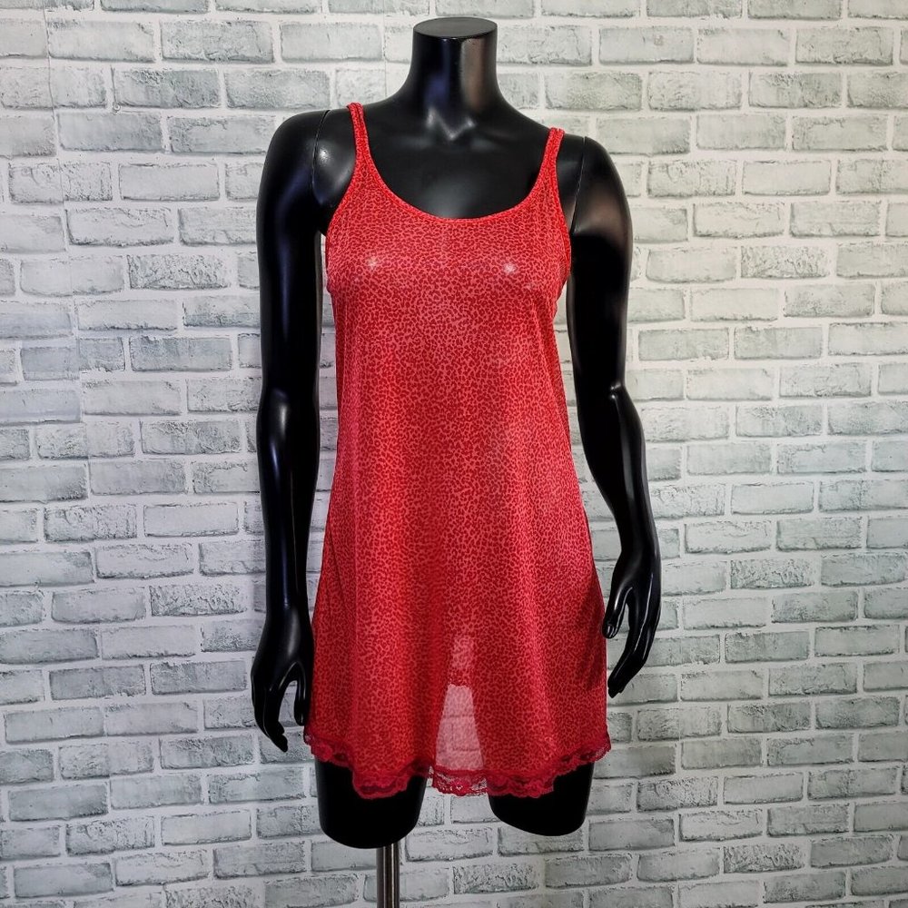 Vintage 90s Y2K Victorias‎ Secret M Red Leopard Stretchy Mesh Slip Nightie USA